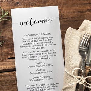 Black Welcome Card Printable Instant Download DIY Template Editable PDF Calligraphy style Script Wedding 4x9 inches GD0722 image 1