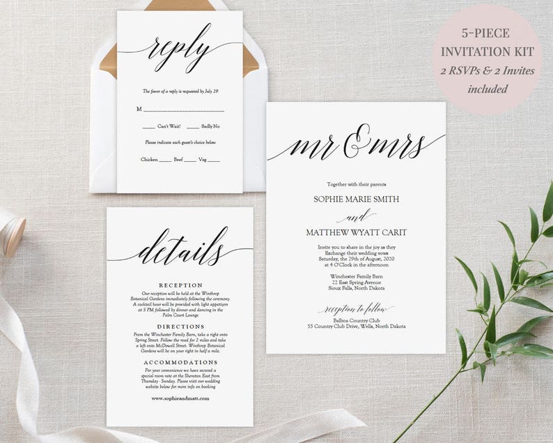 Printable Wedding Invitation Kit Set Includes 5 Pieces Etsy
