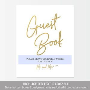 Printable Gold Guest Book Sign Wedding Sign Instant Download Editable PDF Gold Framable Guestbook Sign 8x10 inches GD0319 image 2