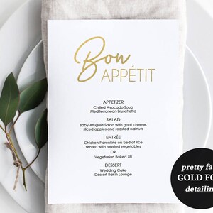 Gold Menu Printable Wedding Menu Faux Foil Menu Template Download Minimalist Gold Menu Bon Appetit Menu 5 x 7 inches GD0309 image 1