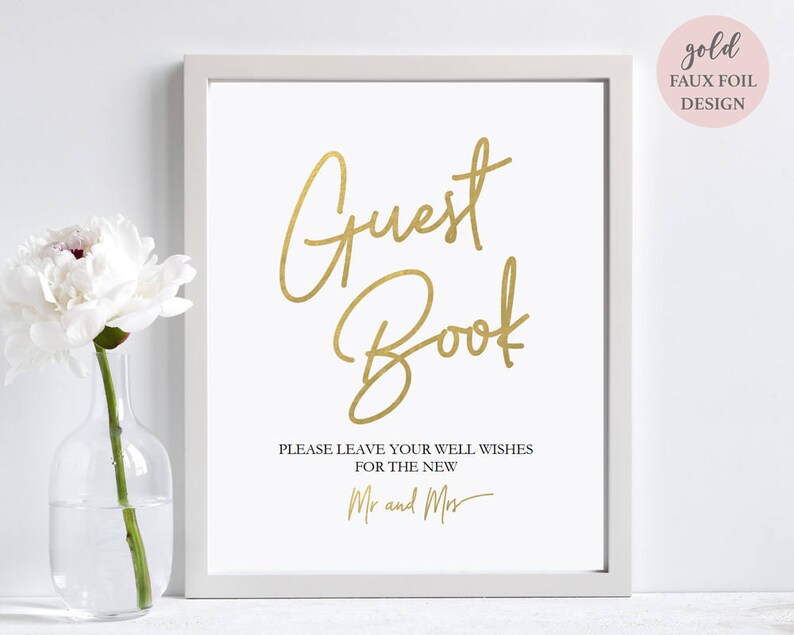 Printable Gold Guest Book Sign Wedding Sign Instant Download Editable PDF Gold Framable Guestbook Sign 8x10 inches GD0319 image 1