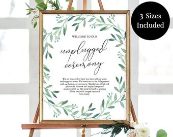 Unplugged Ceremony Sign - Greenery Wedding Sign - 8x10 sign - 16x20 sign - 11x14 sign - Greenery Olive Branch - Instant Download PDF- GD3818