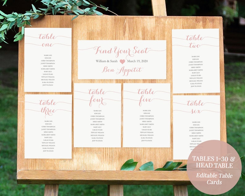 Tables 1-30- Pink Wedding 5x7inches -#GD1601 DIY Editable PDF Template Blush Pink Seating Chart Kit Printable Table Assignment Cards