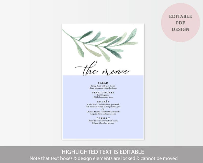 Greenery Wedding Menu Download Olive Leaf Menu Printable Etsy