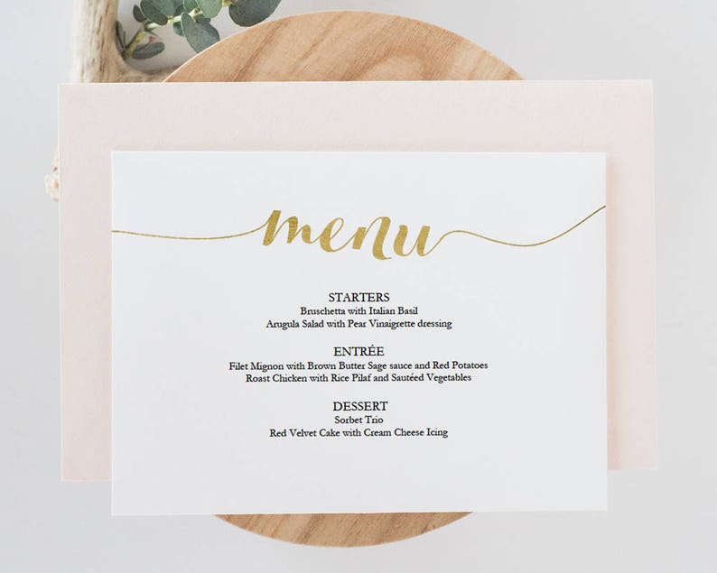 Gold Menu Card Download #GD1401 Instant Download Printable menu Gold foil menu Wedding Menu Editable PDF 5x7 inches landscape