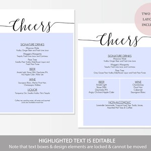 Printable Bar menu sign Editable PDF Cheers Wedding Menu framable Cocktails sign template Instant Download 8x10 Inches GD0709 image 3