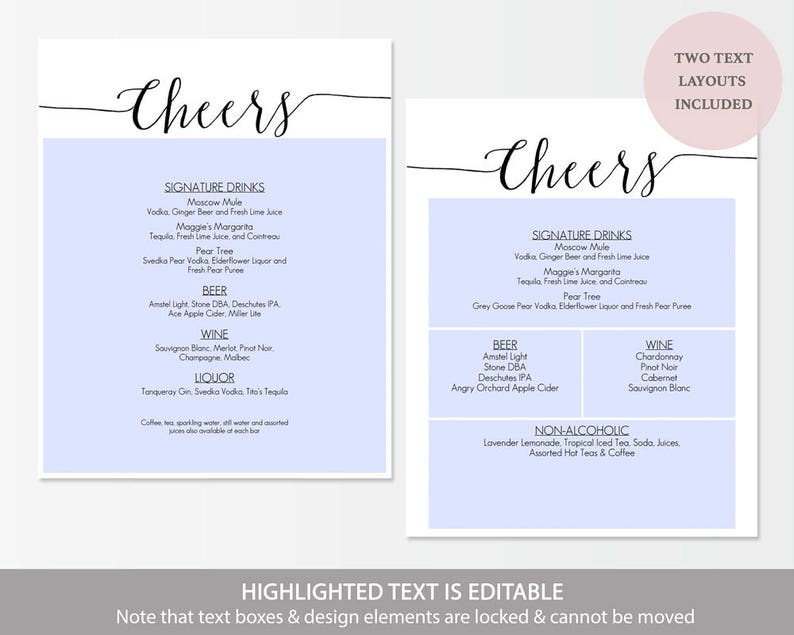 Printable Bar menu sign Editable PDF Cheers Wedding Menu framable Cocktails sign template Instant Download 8x10 Inches GD0709 image 3