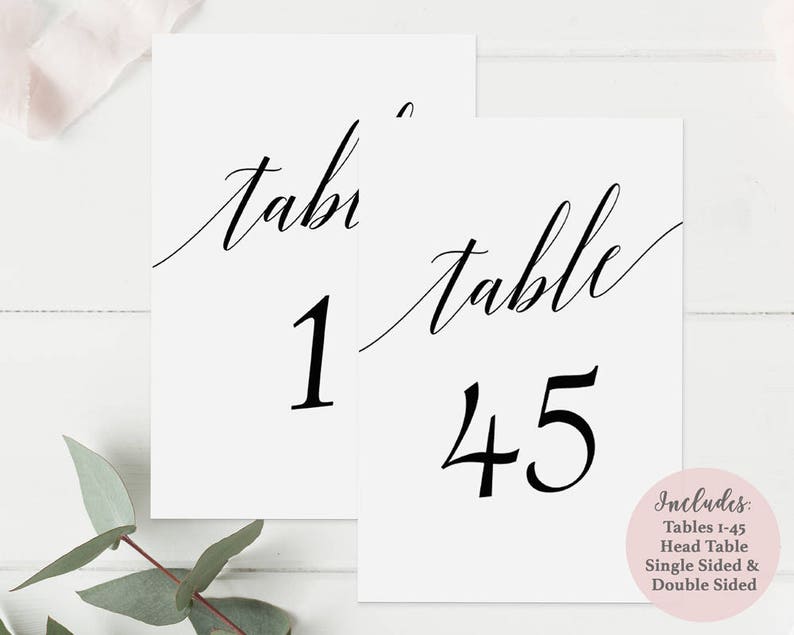 Printable Black Table Number Set Includes Numbers 1-45 and Head Table Instant Download PDF Wedding Table Cards 4x6inches GD0515 image 1