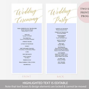 Printable Gold Wedding Program Gold Foil Elegant Minimalist Wedding Ceremony Program Editable PDF Double Sided 4x9 inches GD3404 image 5