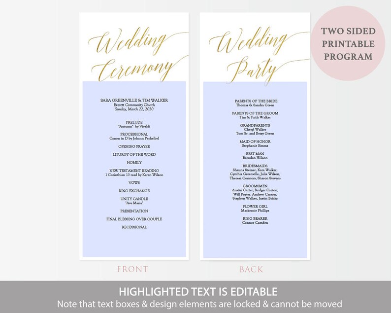 Printable Gold Wedding Program Gold Foil Elegant Minimalist Wedding Ceremony Program Editable PDF Double Sided 4x9 inches GD3404 image 5