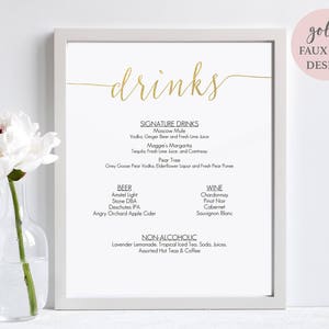 Gold Drinks Bar Menu Sign Printable Instant Download Editable PDF Signature Cocktails sign Wedding bar menu 8x10 inches GD0809 image 3