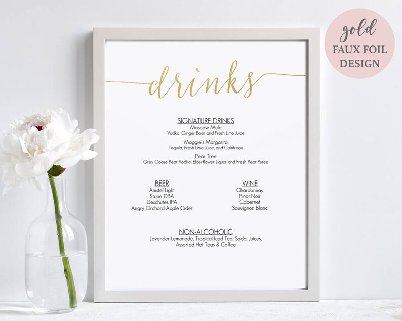 Gold Drinks Bar Menu Sign Printable Instant Download Editable PDF Signature Cocktails sign Wedding bar menu 8x10 inches GD0809 image 3