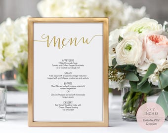 Printable Gold Slant Menu - Calligraphy style Menu - Editable PDF - DIY Template - Instant download - Wedding Menu - 5x7 inches - #GD0804