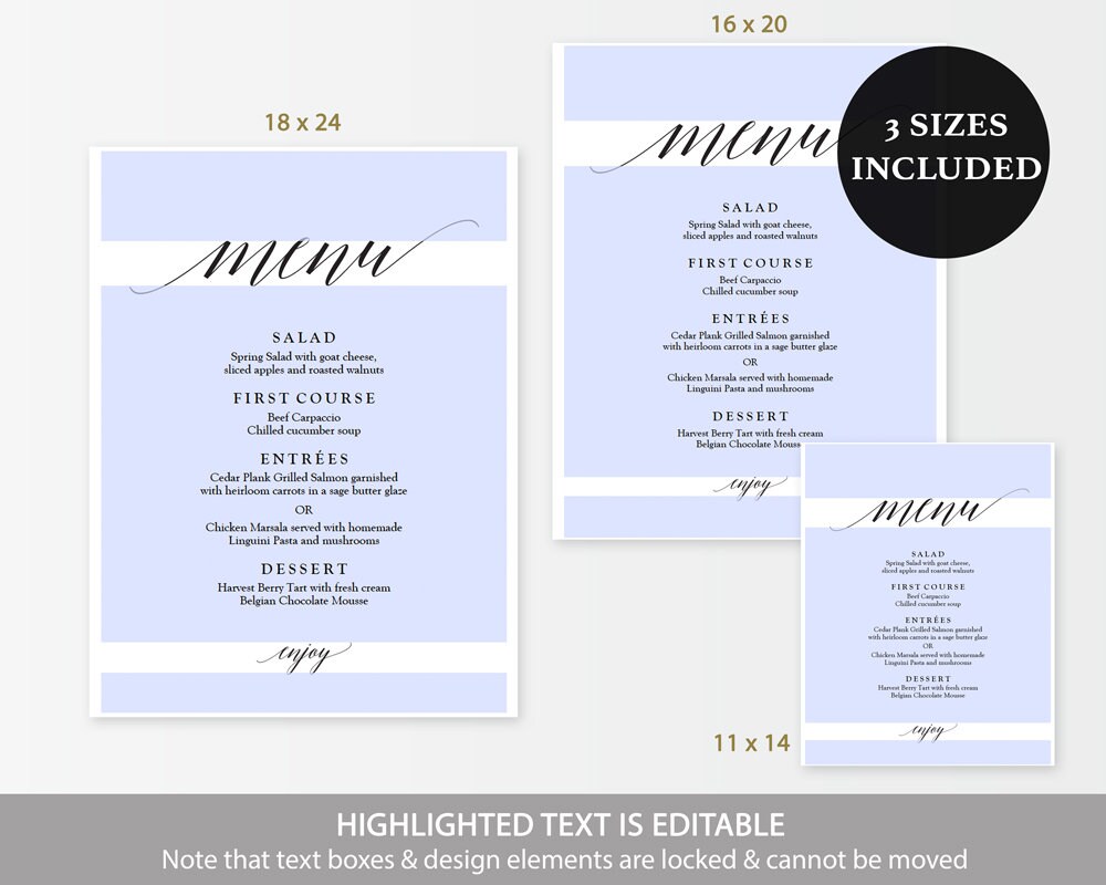 Wedding Menu Sign Template, INSTANT DOWNLOAD, 100% Editable, Printable Menu  Card and Poster Board, 4 Sizes: 5x7, 16x20, 18x24, 24x36 CHM-04 