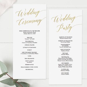 Printable Gold Wedding Program Gold Foil Elegant Minimalist Wedding Ceremony Program Editable PDF Double Sided 4x9 inches GD3404 image 1