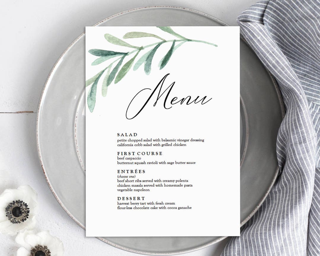 Greenery Wedding Menu Olive Leaf Menu Download Eucalyptus Etsy