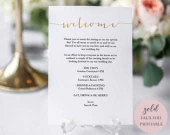 Gold Welcome Card Printable - Instant Download - Editable PDF - Welcome Favor Card - Gold calligraphy style script -5x7 inches - #GD2003