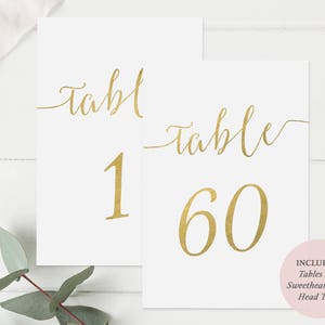 Gold Table Number Printable Set of 1-60 Instant Download PDF Gold Faux ...