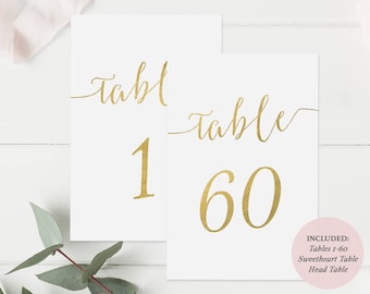 Gold Table Number Printable set of 1-60 -  Instant Download PDF - Gold Faux Foil - Wedding Table Cards Gold - 4x6 inches - #GD0814