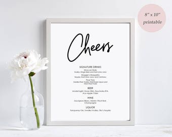 Cheers Bar Menu Printable Sign - Drinks Menu - Instant Digital Download - Editable PDF - Calligraphy style script - 8x10 inch sign - #GD0208