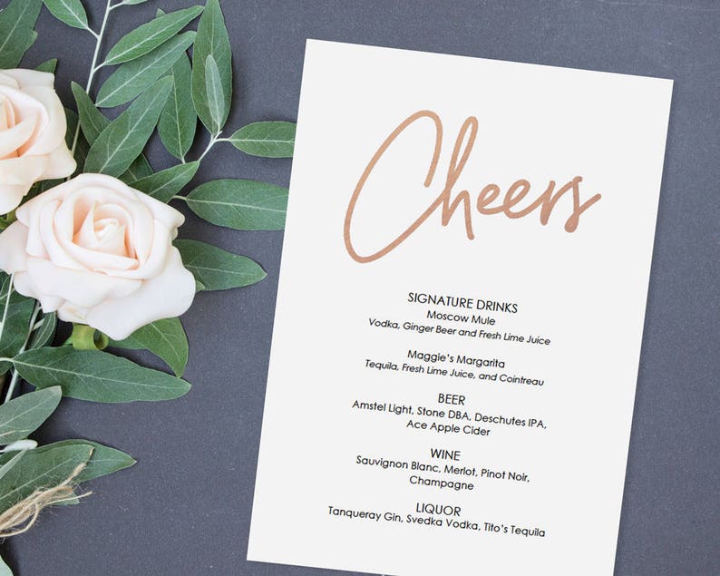 Rose Gold Cheers Menu Printable Instant Digital Download Etsy