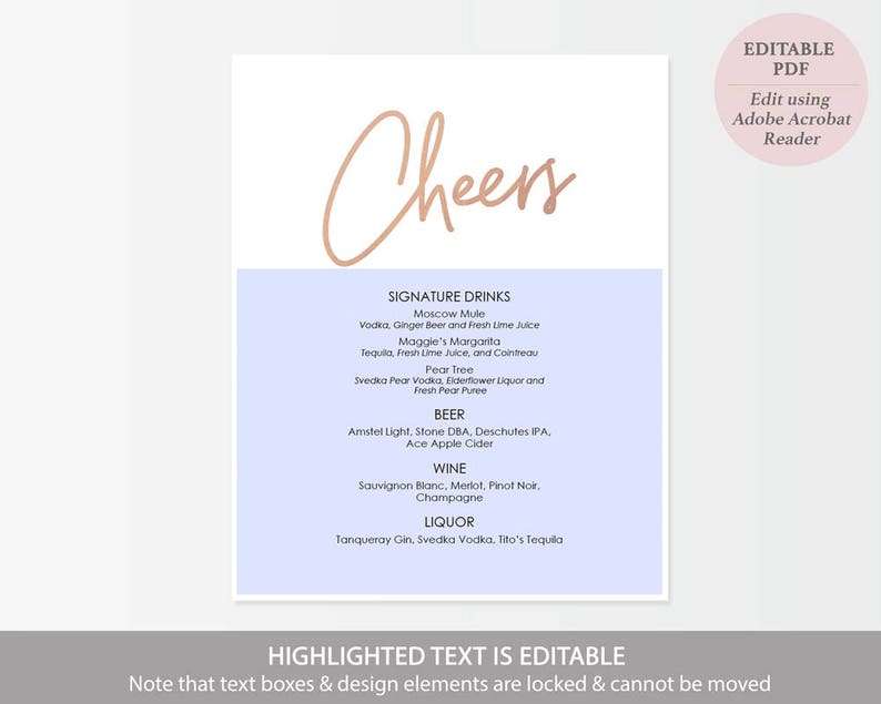 Rose Gold Cheers Bar Menu Printable Wedding Sign Instant Etsy