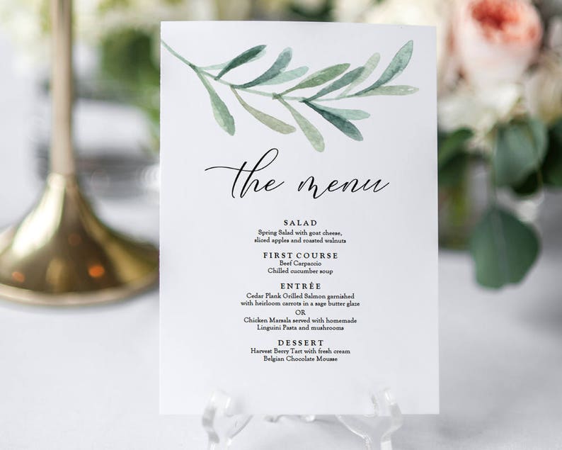Greenery Wedding Menu Download Olive Leaf Menu Printable Etsy