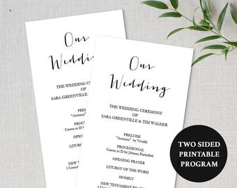 Tall Program Printable - DIY Template - Instant Download - Double Sided Wedding Cermeony - Calligraphy style script - 4x9 inches - #GD1902