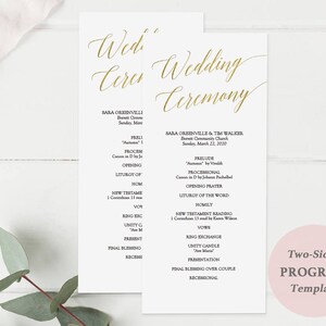 Printable Gold Wedding Program Gold Foil Elegant Minimalist Wedding Ceremony Program Editable PDF Double Sided 4x9 inches GD3404 image 2