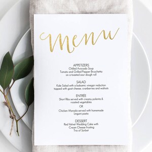 Gold Menu Printable download Template 5x7 Menu Slant Calligraphy Style Script Instant Download Wedding Menu 5x7 inches GD0802 image 1