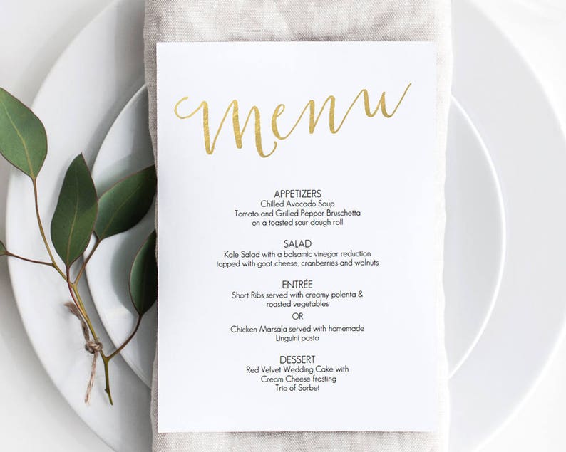 Gold Menu Printable download Template 5x7 Menu Slant Calligraphy Style Script Instant Download Wedding Menu 5x7 inches GD0802 image 1