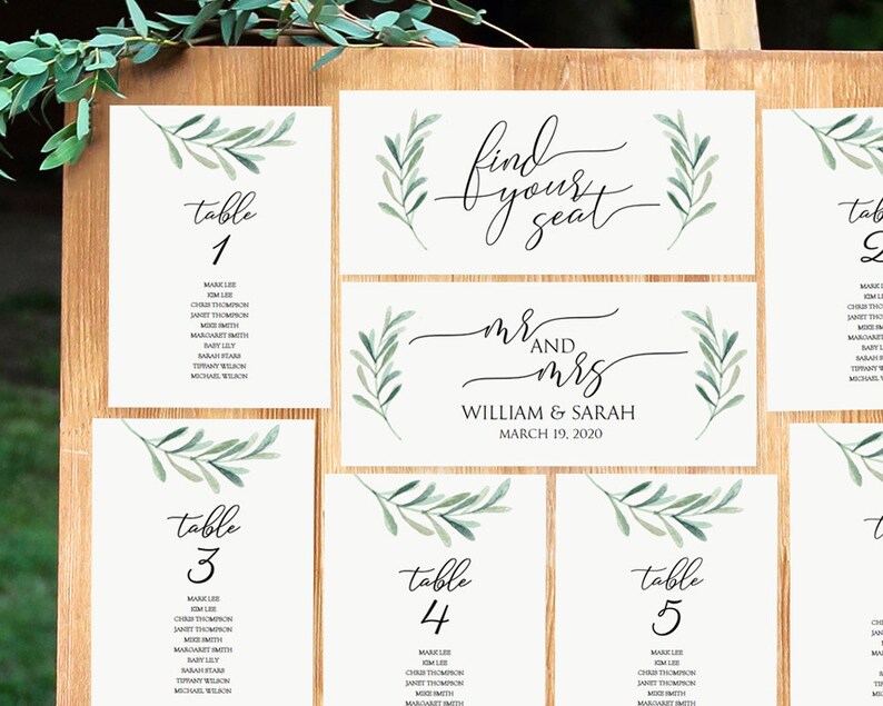 greenery seating chart printable seating cards 5x7 table card template green olive leaf wedding table assignment pdf download gd3832 table assignments template