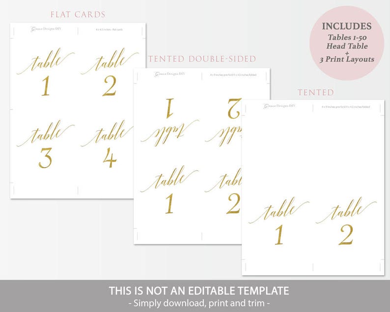 Tented Gold Table Numbers Printable Table Number Set Tables 1-50 Gold Foil Instant Download 4 x 4.5 inches folded and flat GD3406 image 3