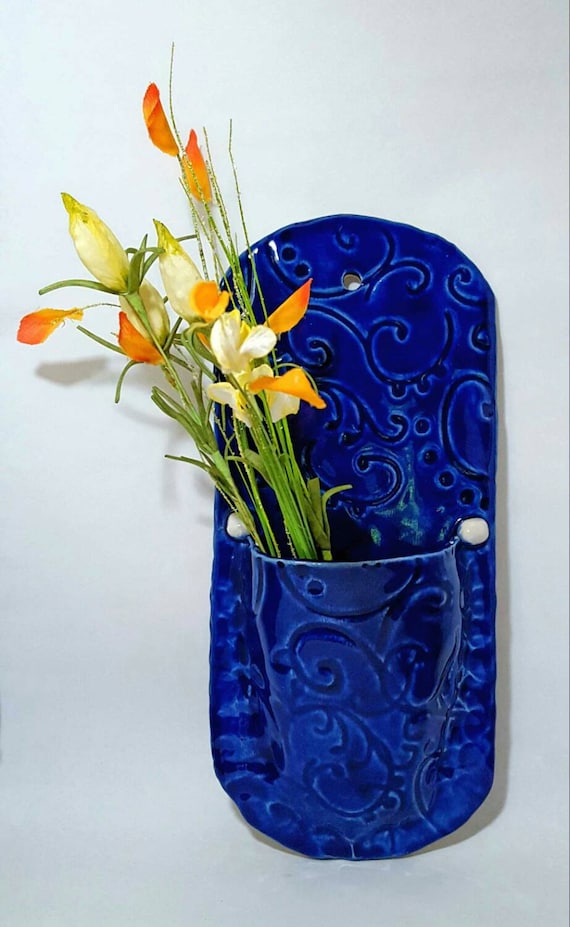 Items similar to Blue Ceramic Wall Pocket, Clay Wall Art, Home Decor