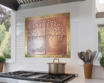 Azulejos de cobre y latón con el Árbol de la Vida – Decoración de pared de metal (71 x 71 cm)