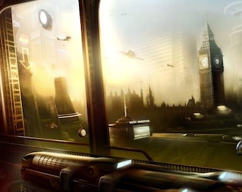 Lámina artística futurista de Londres: Big Ben, paisaje urbano de ciencia ficción