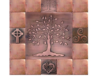 Tree of Life Copper Tile Wall Art, Rustic Kitchen Decor (Set of 17)