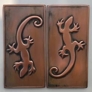 ART TILES,  2 Antique  tiles, Rustic  tiles,Lizard, decor, dragon, reptilian, iguana, gecko, copper decor wall tile, wall copper tile