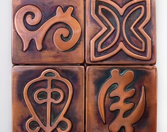 Adinkra Copper Tiles, Magic Symbols, African Design, Set of 4