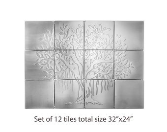 Revestimiento de pared de azulejos metálicos con diseño de árbol Banyan: Arte mural único para la cocina (81 x 61 cm)