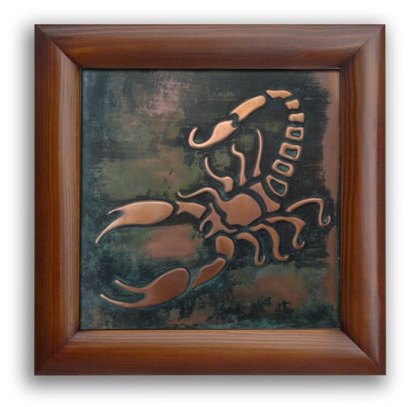 Scorpio zodiac sign, Copper art,green patina,  Scorpion Zodiac, Scorpio symbol, Scorpion framed, picture of scorpion, horoscope scorpio