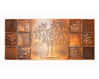 Azulejos de cobre hechos a mano con el Árbol de la Vida para salpicaderos de cocina, azulejos rústicos para cocina.