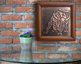 Taurus zodiac sign,  Zodiac symbol, Framed picture of bull, Bull art picture, Metal plaque of taurus, copper plaque of bull