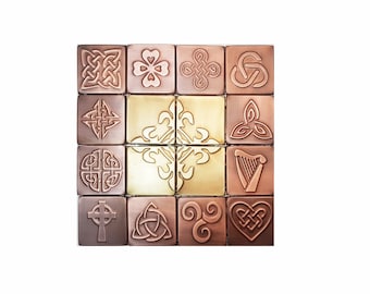 Azulejos celtas de cobre y latón hechos a mano, para salpicadero de cocina, juego de 16 piezas.