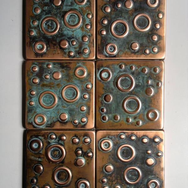 Handmade tiles,   Handcrafted tiles, Copper or Brass tiles, Set of 6 tiles   kitchen accent, accent  tiles