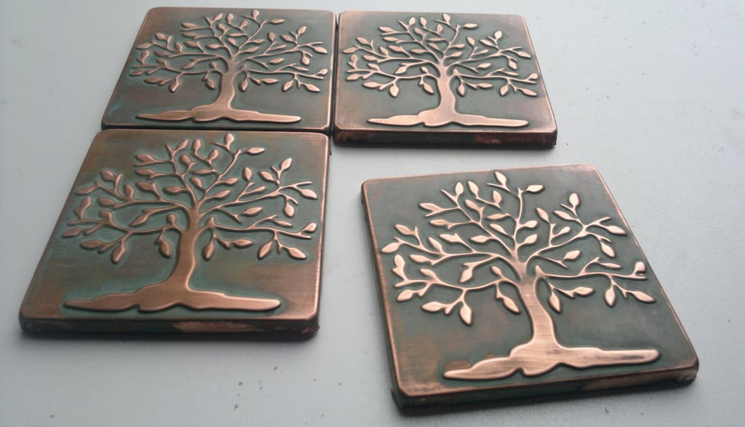 Handmade Copper Tree of Life Tiles, Patina Kitchen Accent, Set of 4 - Etsy