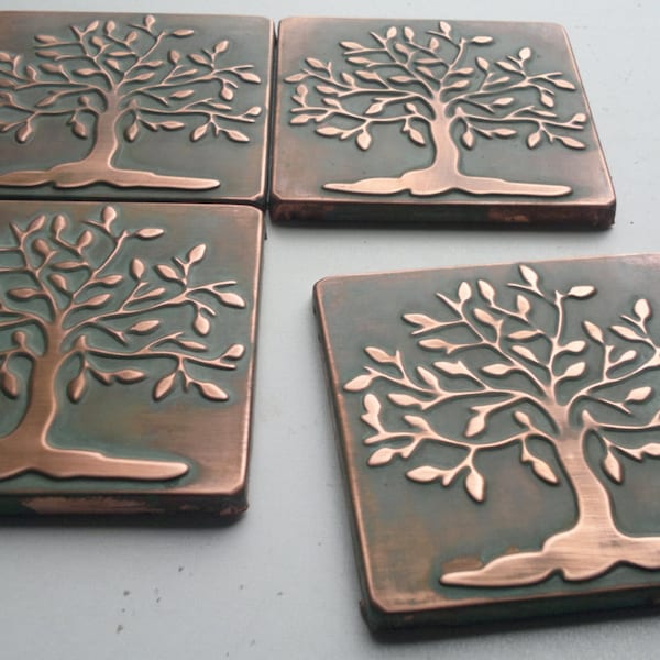 Handmade Copper Tree of Life Tiles, Patina Kitchen Accent, Set of 4