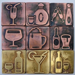 Handmade tiles,  glasses and bottles , Copper tiles, Set of 9 tiles  , patina tiles, shiny   metal tiles,  kitchen accent, accent