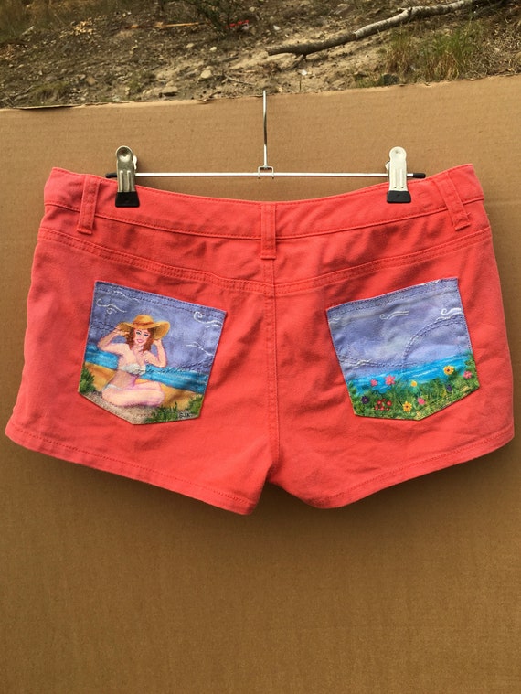 Pin up Beach Babe. Scenic Art Handpainted Upcycled Pink Denim Etsy
