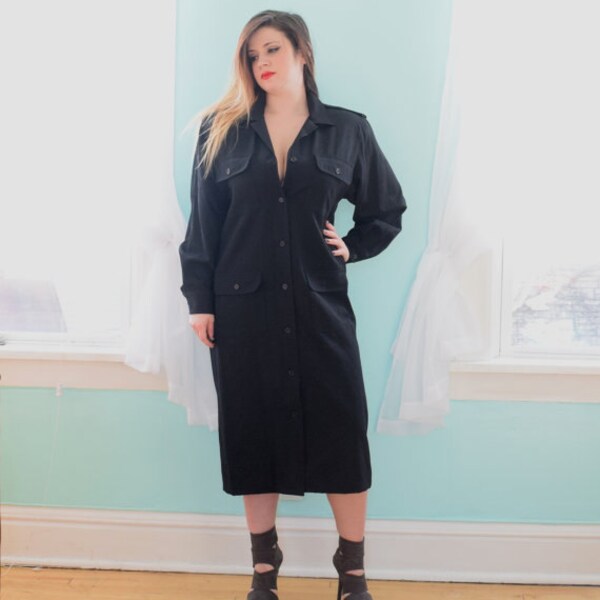 Vintage 1990s Lauren Alexandra Black Coat Dress Pockets Long Sleeves Button Down Little Black Dress LBD Large L XLarge XL Plus Size 16 18 1x